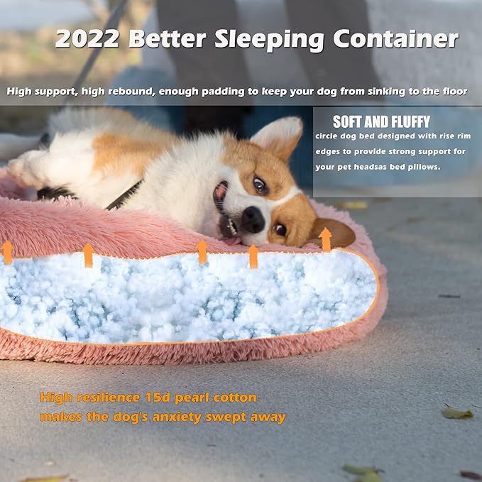 Calming Dog Bed for Medium Dogs Washable Donut 30 inches Anti-Slip Pet Bed,Round Fluffy Plush Faux Fur Cat Bed,Fits up to 45 lbs Pets,Pink