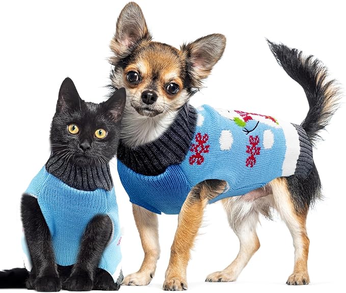 Pet Christmas Dog Sweaters Cute Animal Snowman Printed Puppy Xmas Costumes Winter Warm Turtleneck Jumpers Puppy Knitted Clothes Cat Outfits (M, Blue Snowman)