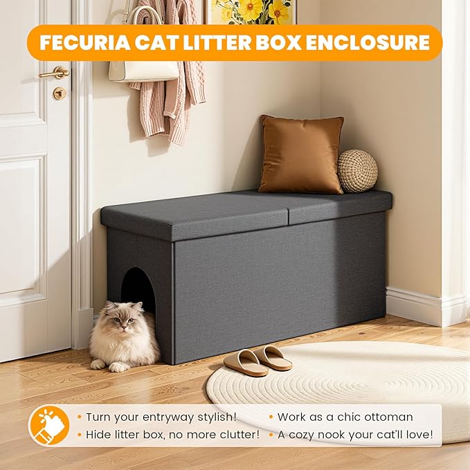 3-in-1 Cat Litter Box Enclosure with Odor Control, Multi-Functional Hidden Litter Box Furniture Bench, Dog Proof, Space-Saving Ottoman Cabinet with Flip-Up Lid, Storage Footrest, Dark Grey