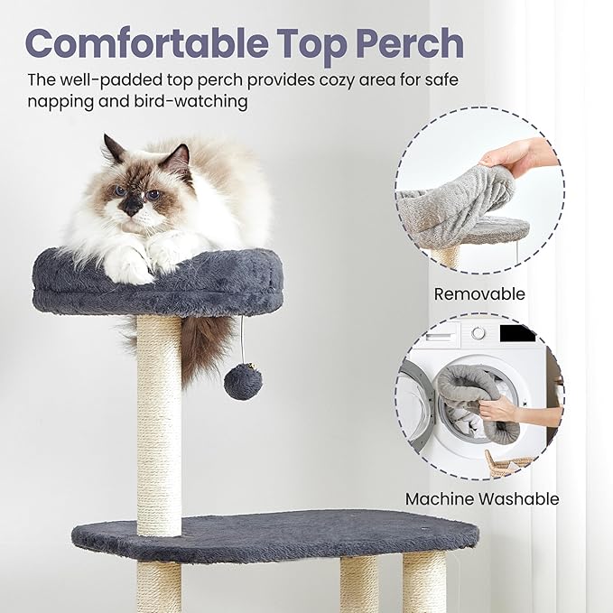 Small Cat Tree Tower with Lots of Scratching Posts - 42 Inch Medium Compact Cats Scratch House with Hammock Perch for Multi Level 2 Kitty - Indoor Corner Cat Bed Condo Climbing Gym Towers Furniture