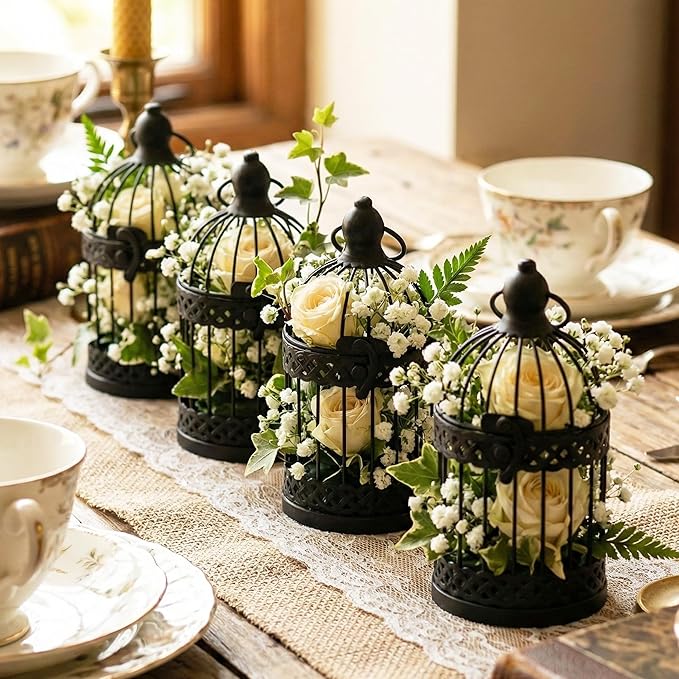 VELA LANTERNS 6" Birdcage Decor Candle Holder Lantern Decorative Table Centerpiece Halloween Decorations, Black, Small, Set of 4