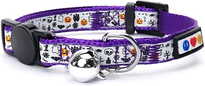 Pawtitas Glow in The Dark Cat Collar with Breakaway Safety Buckle & Bell Adjustable Kitten Collar, Halloween Purple