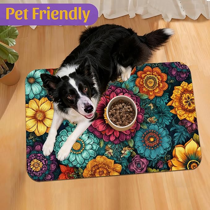 Vintage Floral Pet Feeding Mat, Fast-Dry Absorbent Dog and Cat Bowl Mat, Waterproof Rubber Base – 12x20 Inch