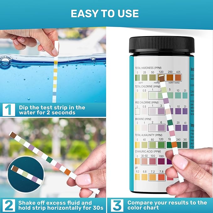 Pool Test Strips 7-in-1, 200 Quick and Accurate Pool and Hot Tub Test Strips - Pool Water Testing Kit for Chlorine, Bromine, pH, Hardness, More - All in 1 Swimming Pool Test Strips by JNW