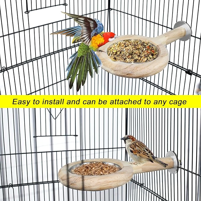 ASOCEA 2 Pack Bird Perch Feeding Cup, Bowls for Cage Wooden Perch Stand Hanging Bowls for Bird Cage Accessory Parrot Wood Perch Stand Toy for Parakeet Lovebird Cockatiel Budgie