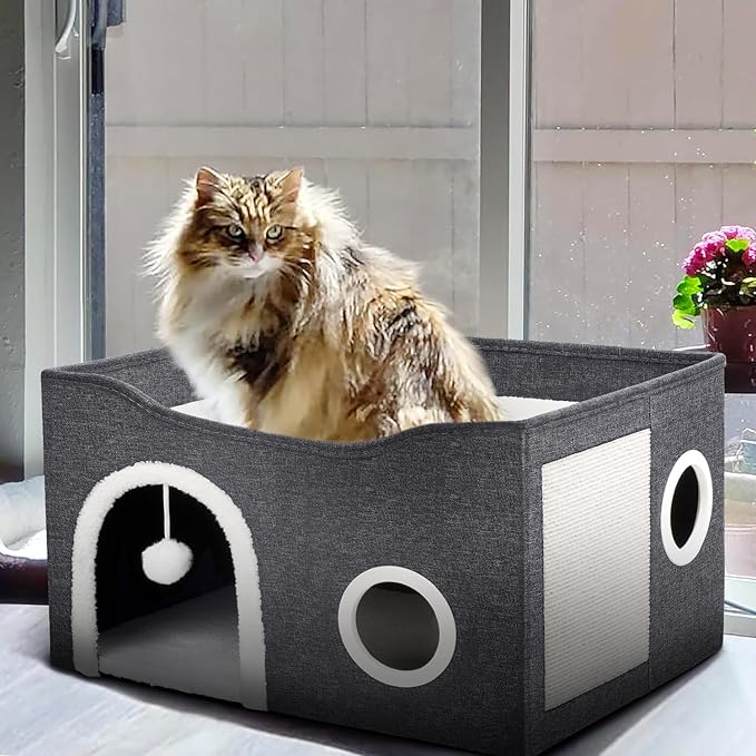 Heeyoo Cat House for Indoor Cats - Large Cat Bed Cave with Fluffy Ball and Scratch Pad, Foldable Cats Houses & Condos, Cat Hideaway, Covered Kitty Bed for Multi Small Large Kitty, 23.8x15.9x13.2 Inch