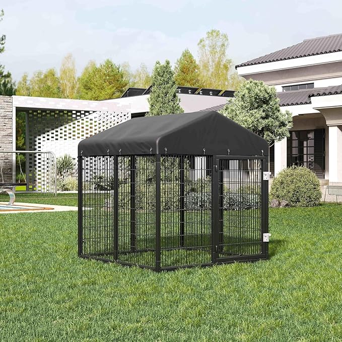 Large Outdoor Dog Enclosure,Heavy Duty Dog Cage with Roof,Galvanized Steel Dog Kennel Fence with Double Safety Locks(4.2'L x 4'W x 4.5'H)