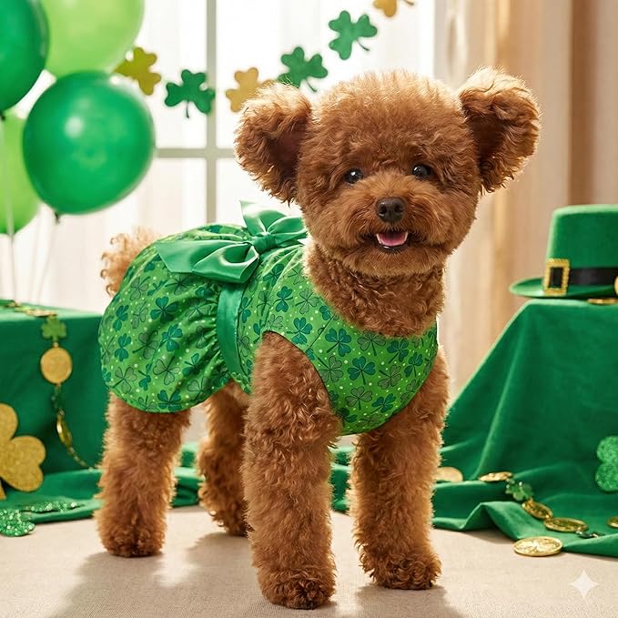 St. Patrick's Day Dog Dress, Green Shamrock Clover Puppy Skirt with Bowknot, Soft Breathable Pet Clothes for Small Medium Dogs & Cats, Cute Irish Holiday Outfit Apparel & Costume