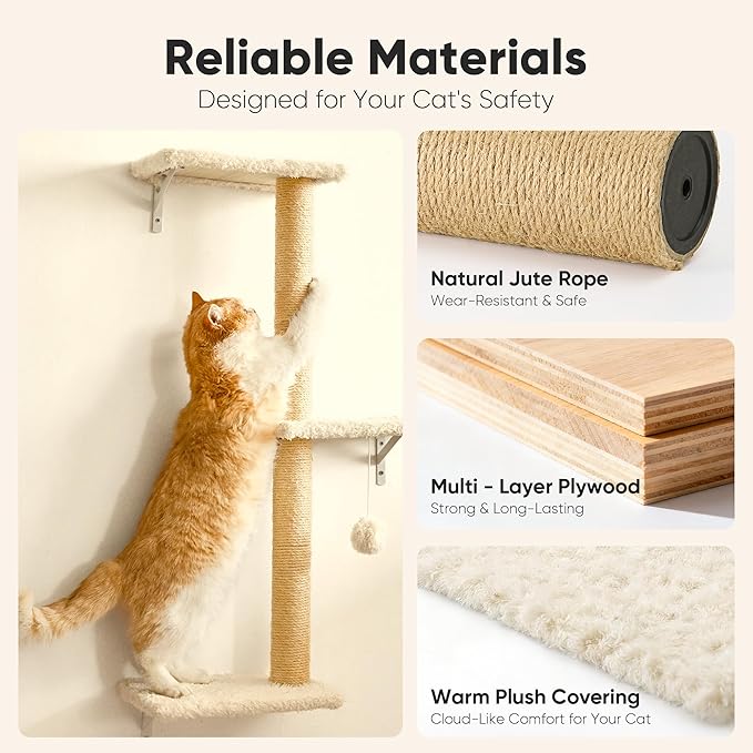 FUKUMARU Cat Wall Shelves, Stable & Safe 4 in 1 Large Cat Walls Furniture Set, Wooden Kitten Climbing Wall with Scratching Post for 16 Inch Drywall - Beige