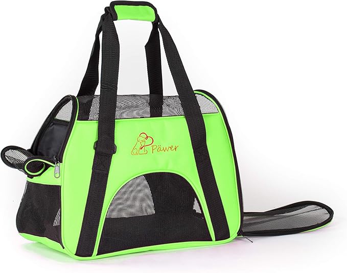 Pawer Soft-Sided Pet Carrier for Cat and Small Dog,Bright Green Color,Medium Size,Washable Cloth Airline Approved Travel Tote,with 2 Mesh Opens and a Strap for Carry,Multiple Colors Available