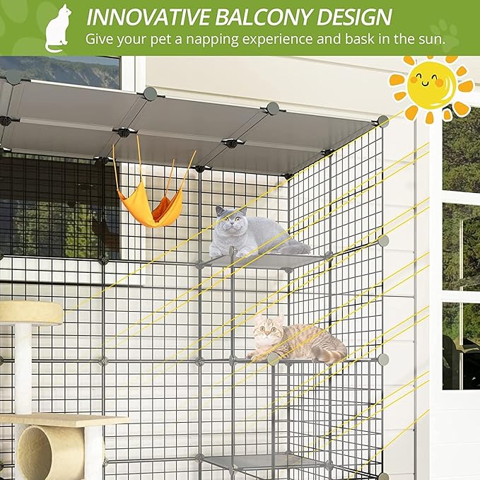 Oneluck Outdoor Cat House Cat Cages Enclosure with Super Large Enter Door, Balcony Cat Playpen with Platforms,DIY Kennels Crate Large Exercise Place Ideal for 1-3 Cats (55L x 28W x 55H)