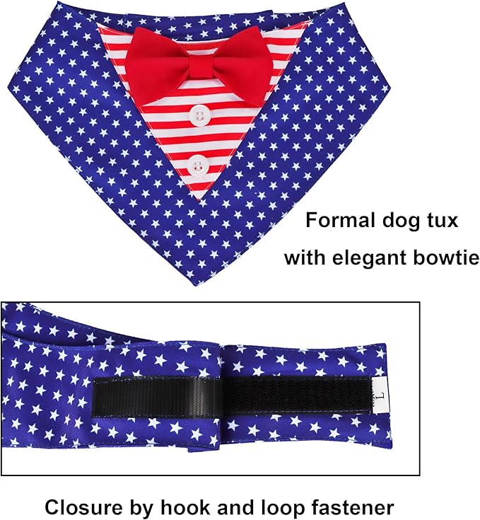 ADOGGYGO American Flag Dog Tuxedo Bandana, Red Blue Pet Tux with Bowtie Adjustable 4th of Julty Bandana Costume for Small Dogs Pets (S)