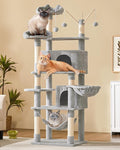 Yaheetech Cat Tree, 67in Large Tower w/ 3 Removable Teaser Sticks, 2 Kitten-Ear Shaped Perches, 2 Condos, Hammock, Scratching Post, Multi Level Pet House, Light Gray