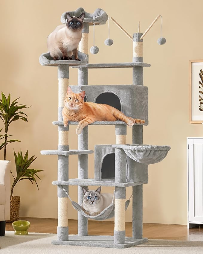 Yaheetech Cat Tree, 67in Large Tower w/ 3 Removable Teaser Sticks, 2 Kitten-Ear Shaped Perches, 2 Condos, Hammock, Scratching Post, Multi Level Pet House, Light Gray