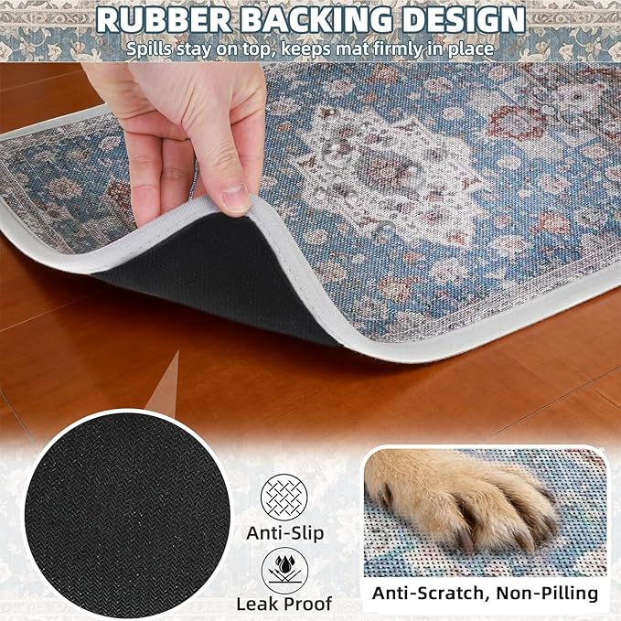 PUPTECK Dog Food Mat, Absorbent Pet Feeding Bowl Mat, Non-Slip Dog Mat for Food and Water, Quick Dry No Stains Cat Placemats Pet Supplies for Messy Drinkers, Blue 12"x20"