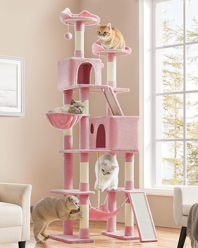 Yaheetech Cat Tree, 82.5in Super Tall Tower w/Cute Top Perches, Scratching Posts, 2-in-1 Ramps, Cozy Basket, Extra Large Condo for Indoor Kittens, Pink