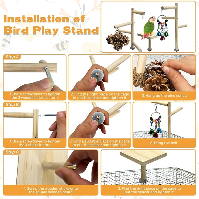 PINVNBY 3 PCS Wooden Small Bird Playground for Top of Cage, Wood Parrot Stands Perch Birds Gym with Hanging Chewing Toys Bird Cage Accessories for Parakeet Conure Love Birds Budgie