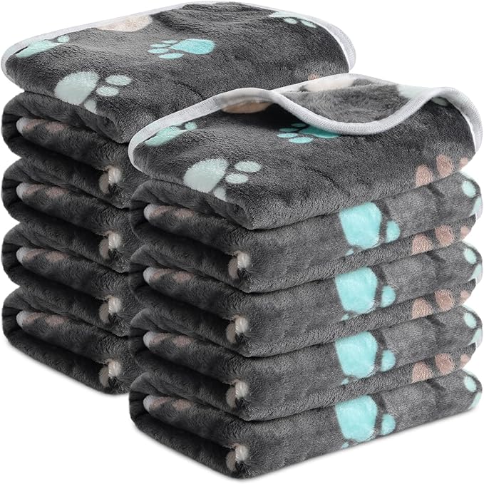 Tegeme 8 Pcs Fleece Dog Blankets for Small Dogs Cat Soft Coral Velvet Warm Sleep Mat Fluffy Dog Paw Print Blanket for Kitten Doggy Small Animal(30 x 20 Inch,Dark)