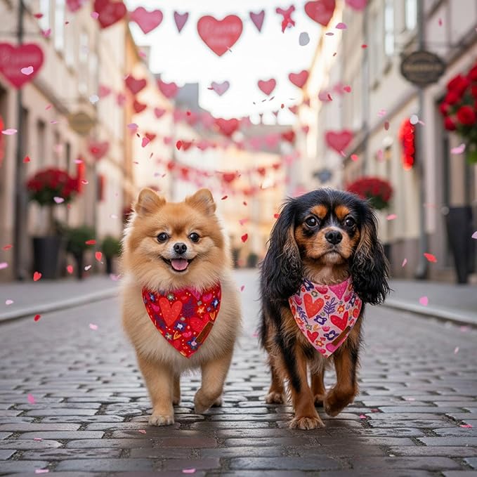 ADOGGYGO Valentines Dog Bandana 2 Pack, Heart and Floral Print Puppy Scarf Bib, Adjustable Fit Red Pink Valentines Bandanas for Small Dogs Pets (Small)