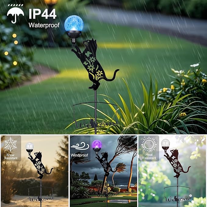 Cat Solar Lights Outdoor Garden Decor,40” Black Cat Stake with Color Changing Crackle Glass Ball Light,Metal Cat Silhouette Welcome Sign for Yard,Lawn,Pathway,Patio,Unique Gift Ideas