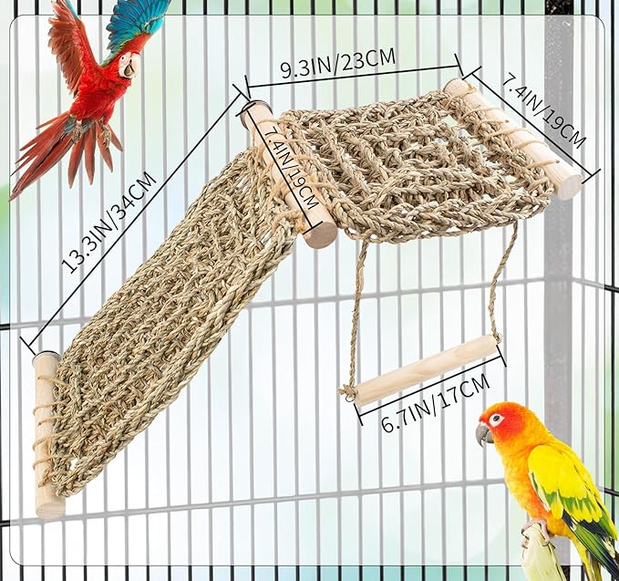 FlidRunest Bird Perch Platform Swing with Climbing Ladder, Parrot Chewable Natural Seagrass Woven Hammock, Parakeet Cage Accessories Playing Gyms Exercise Sturdy for Cockatiels, Lovebirds, Budgies