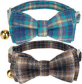 2 Pack Cotton Cat Collar, Removable Bowtie, Plaid Pattern, Safety Breakaway Clasp, Adjustable for Cats.(Adult Cat, Blue and Brown)