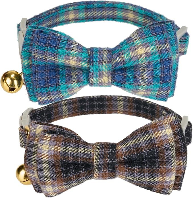 2 Pack Cotton Cat Collar, Removable Bowtie, Plaid Pattern, Safety Breakaway Clasp, Adjustable for Cats.(Adult Cat, Blue and Brown)