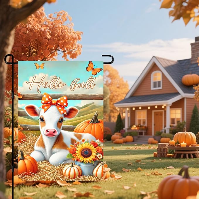 Hello Fall Garden Flag Cute Calf Cow Flag 12x18 Inch Polka Dot Bow Hay Pumpkins Sunflowers Double Sided Outdoor Banner For Front Yard Porch Lawn Patio Seasonal Home Decor Rustic Autumn