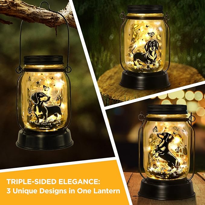 Dachshund Gifts for Women/Men Dachshund Solar Lanterns Mom Birthday Wiener Dog Lovers Lantern Pet Loss Sausage Dog Memorial Lights Solar Garden Decoration for Yard, Patio,Backyard,Porch Torches Lights