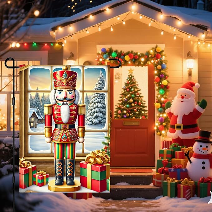 Christmas Garden Flag 12x18 Inch Nutcracker Soldier Decor Gift Box Snowy Pine Cottage Winter Forest Red Green Gold Classic Holiday Yard Lawn Outdoor Fence Decoration Tree Ornament Display