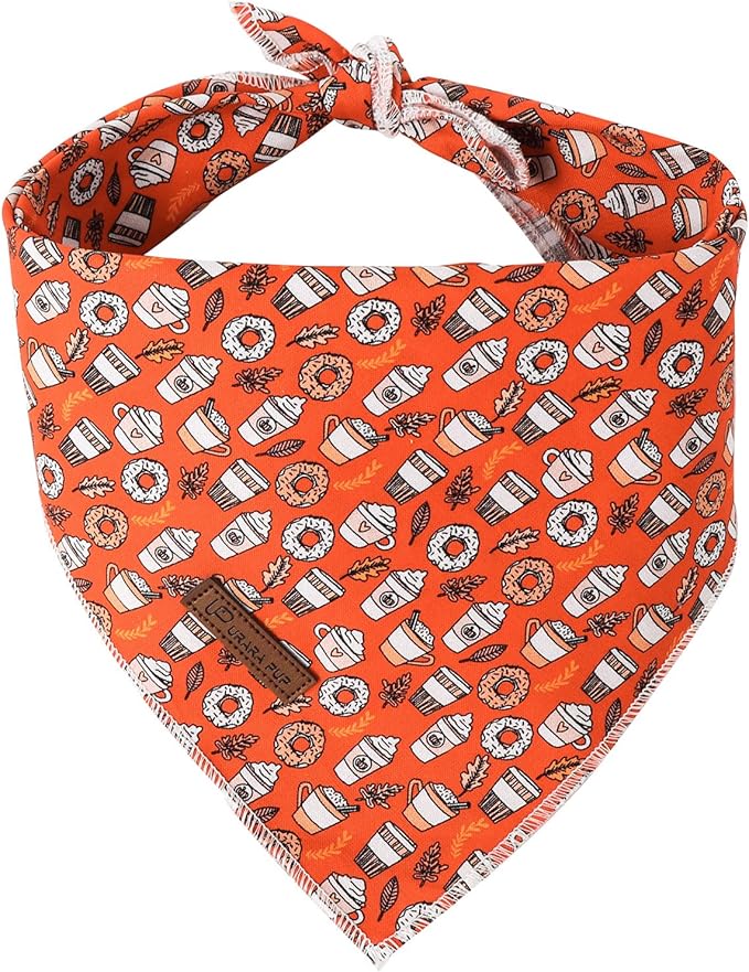 Fall Dog Bandana, Autumn Triangle Bid Scarf with Cup,Doughnut Pattern, Cotton Pet Kerchief for Girl Boy Dogs or Cats, Cute Puppy Bandana Fancy Bandana for Dogs