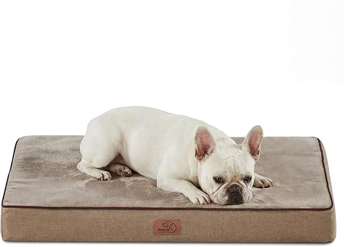 Bedsure Memory Foam Dog Bed Medium Size Dogs- Orthopedic Pet Beds for Crate with Removable Washable Cover and Nonskid Bottom - Plush Flannel Fleece Top Pet Mat, Khaki