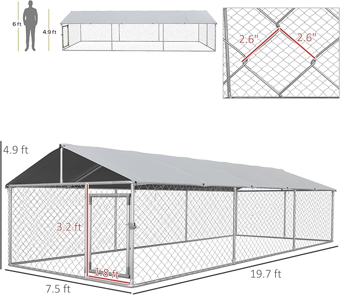PawHut Outdoor Dog Kennel, Heavy Duty Dog Run Outdoor Fence with Waterproof Cover, Galvanized Chain Link, Secure Lock, for Large Sized Breeds, Chickens, Ducks, 20' x 7.5' x 5'