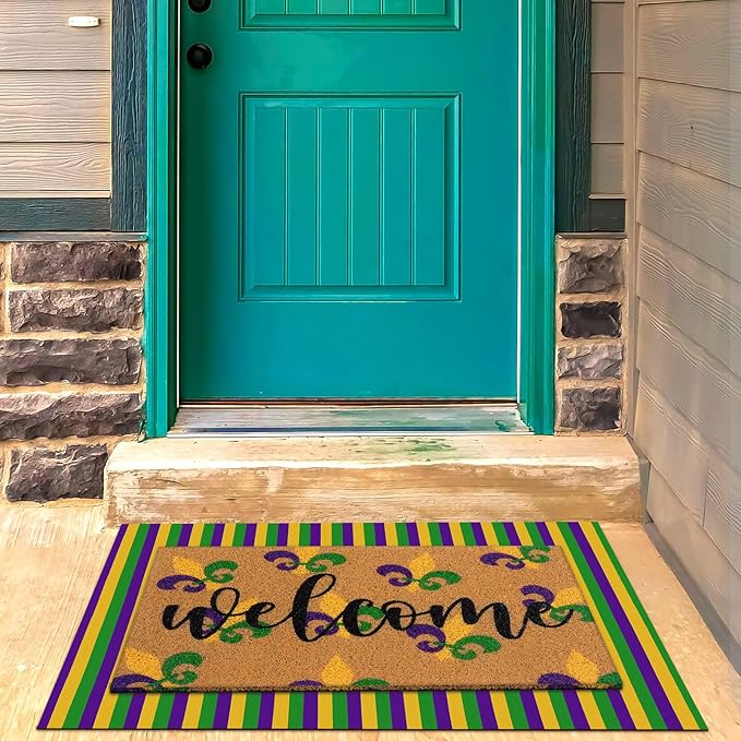 Tinideya 2 Pcs Mardi Gras Door Mat Carnival Welcome Non Slip Coir Mats Purple Yellow Green Stripe Floor Layering Doormats Seasonal for Front Porch Entryway Decor(Mardi Gras)