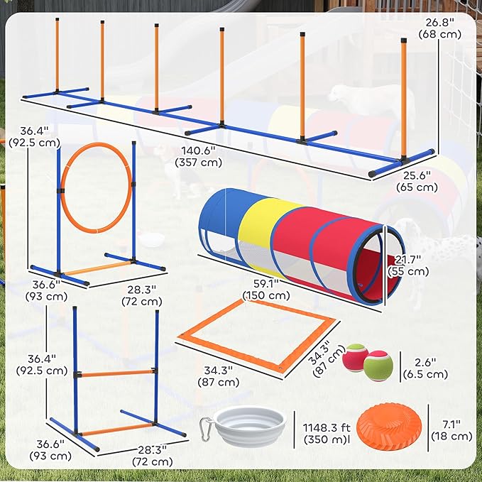 PawHut Dog Agility Training Equipment, 12-Piece Dog Obstacle Course with Adjustable Hurdle & Ring, 4 Tunnels, Weave Poles, Pause Box, Treat Bag, Bowl and Carrying Bag for Indoor Outdoor Use