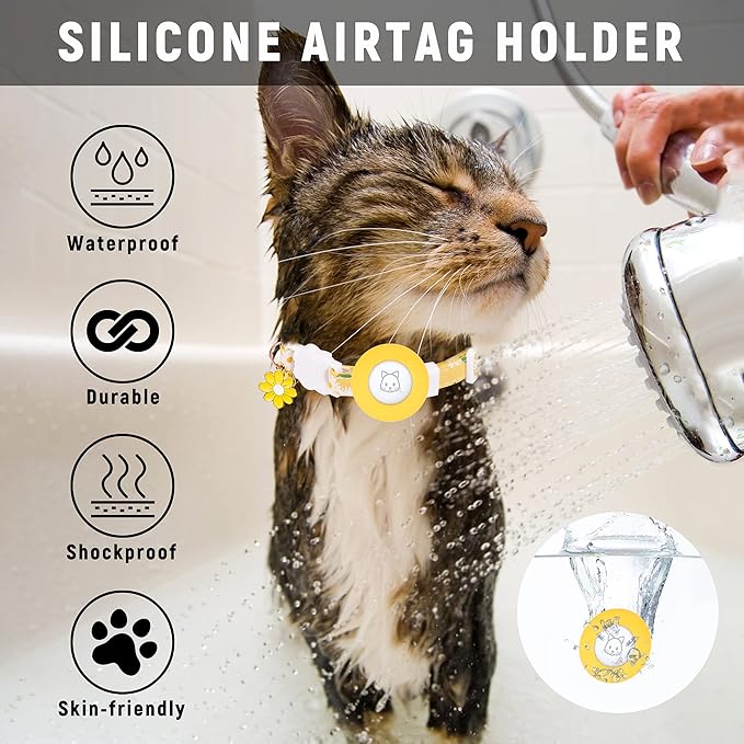 Airtag Cat Collar, JXFUKAL Kitten Collar Breakaway with Silicone Airtag Holder, Bells & Flower Charm for Girl Cats Boy Cats Small Dogs(Yellow)