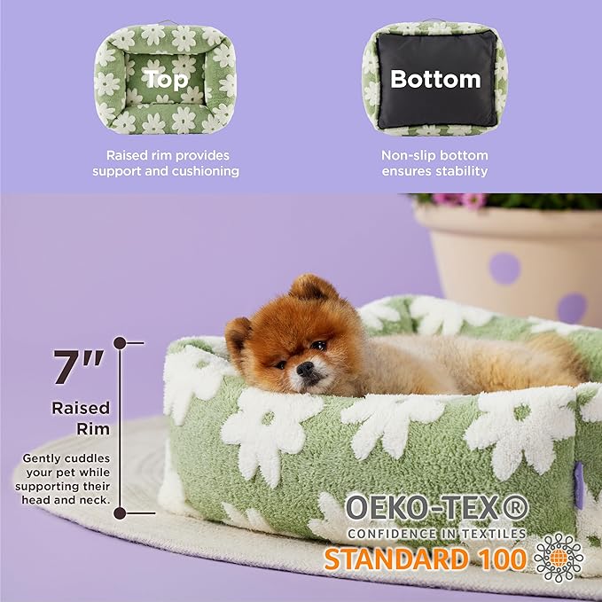 LE SURE Cute Dog Bed for Small Dogs - Washable Puppy Beds,Cozy Rectangle Orthopedic Pet Sofa with Jacquard Shaggy Plush & Anti Slip Bottom,25x21x7inches