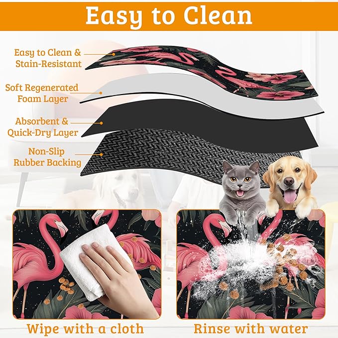 Pet Feeding Mat,Pink Flamingo Absorbent Dog Cat Food Mat Palm Leaves Dog Mat with Rubber Backing,Non-Slip Water Bowl Placemat,Pet Supplies 12" x 20"
