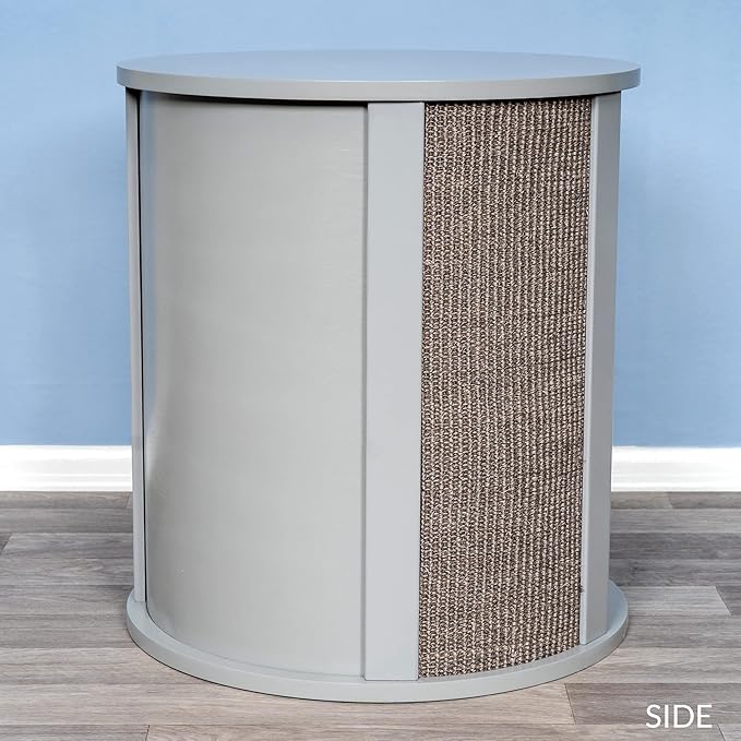 The Refined Feline Purrrrfect End Table Cat Bed Cave in Smoke Gray, Multipurpose Wood Cat Furniture Nightstand, Easy to Clean Covered Cat Bed with Replaceable Scratching Post & Washable Cushion