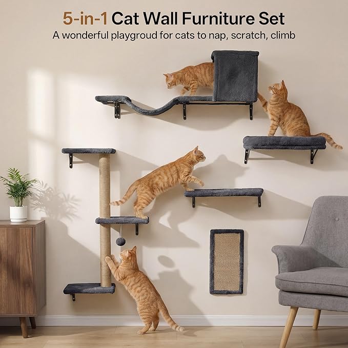 MEWANG 5-in-1 Cat Wall Shelves: Cat Climbing Furniture with Wall Mounted Perch & Lounge for Indoor Cats, Space-Saving Wall Pet Shelves for Play & Rest - Grey