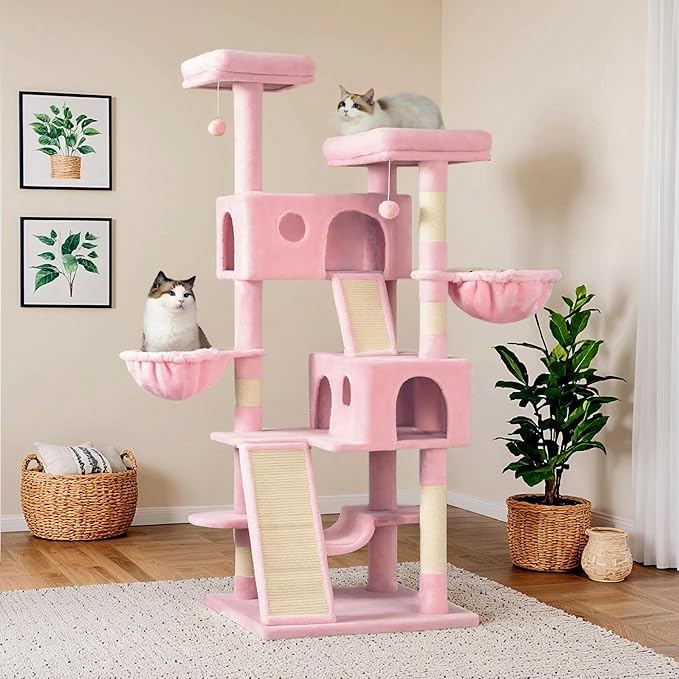 WEEWAY Cat Tree Tower for Indoor Cats,65'' Multi-Level Cat Furniture Activity Center,Stand House Condo Cave,Sisal Scratching Posts Ramps,Plush Perches Platforms Basket Hammock, Pink