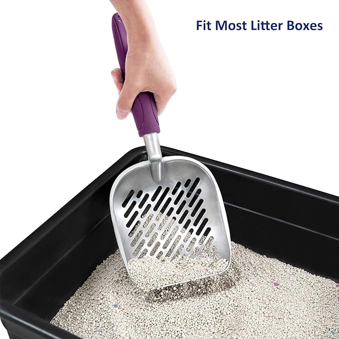 WePet Cat Litter Scoop, Aluminum Alloy Sifter, Kitty Metal Scooper, Deep Shovel with Diagonal Sifting Hole, Long Handle, Kitten Poop Lifter for Litter Box, Large Size, Violet Handle