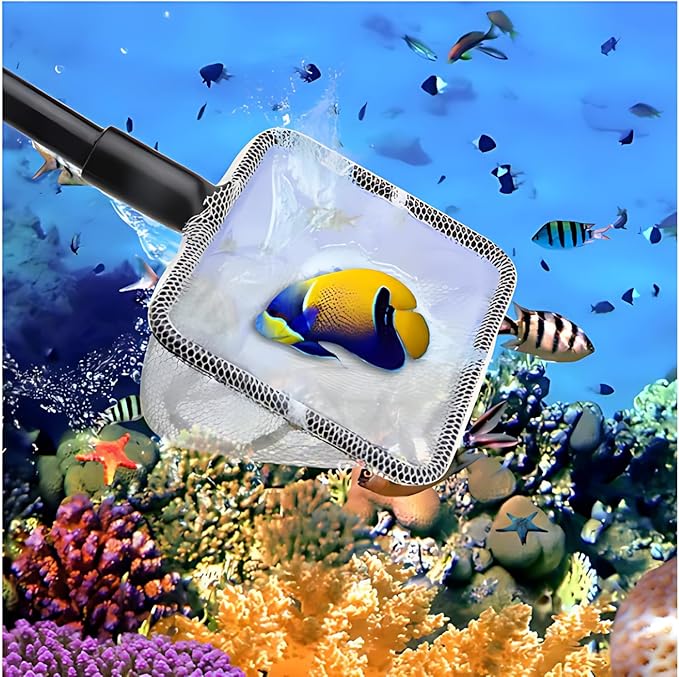 4 in 1 Portable Aquarium Cleaning Tool Kit Fish Tank Cleaning Set with Long Handle Fish Tank Cleaner Net, Shovel, Sponge, Plant Fork - Saltwater & Freshwater Fish Tank