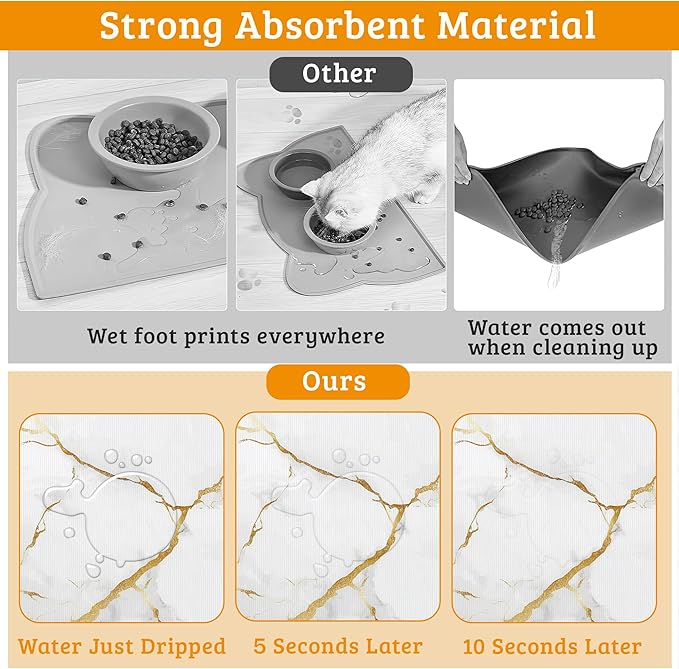 Abstract Marble Dog Food Mat,White Gold Absorbent Pet Feeding Mat for Food and Water Bowl,Quick Dry Dog Placemat Non Slip Rubber Backing Waterproof Pet Supplies 12" x 20"