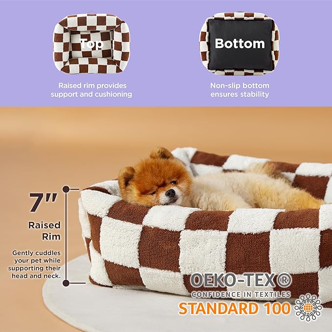 LE SURE Cute Dog Bed for Small Dogs - Washable Puppy Beds,Cozy Rectangle Orthopedic Pet Sofa with Jacquard Shaggy Plush & Anti Slip Bottom,25x21x7inches