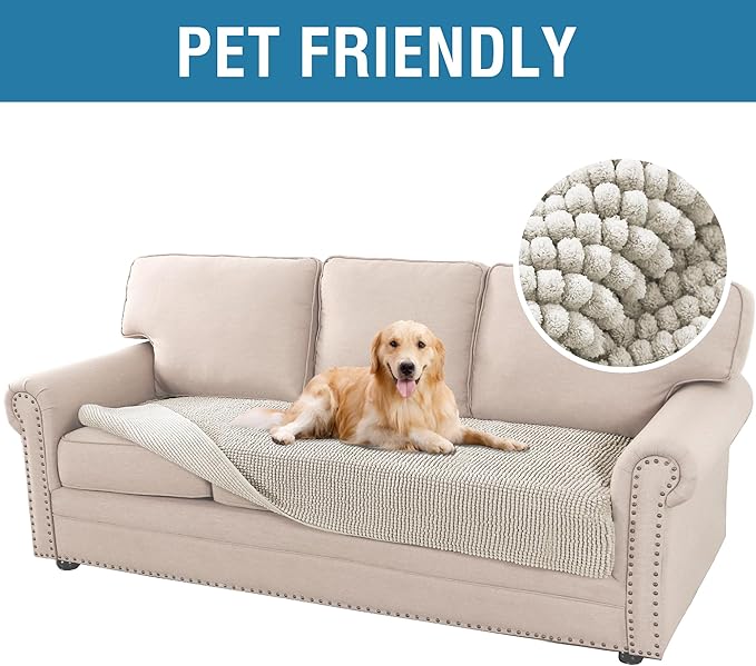 H.VERSAILTEX Plush Chenille Dog Bed Cover Thick Soft Sofa Cover for 3 Cushion Couch Anti Slip Couch Cover Furniture Protector for Dog, Pet, Cat (35" x 82", Oatmeal)