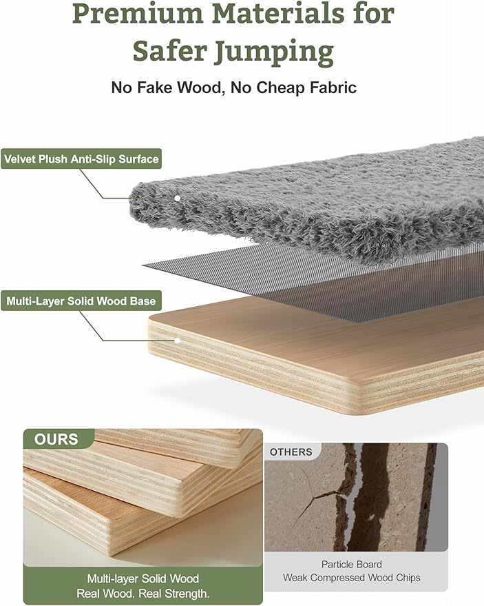 5-in-1 Cat Wall Shelves, Solid Wood & Velvet & Sisal Scratcher, 44lbs Max Load, Wall Mounted Cat Furniture for Climbers, Cat Climbing Wall System, Fits Drywall & Solid Walls - Cool Gray