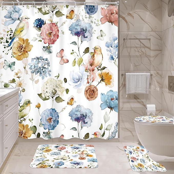 4 PCS Blue Floral Birds Bathroom Set with Shower Curtain and Rugs 72Wx72H Inch Classical Watercolor Non-Slip Bath Rug Toilet Lid Cover and U Shape Mat Accessories 12 Hooks Bathoom Decor