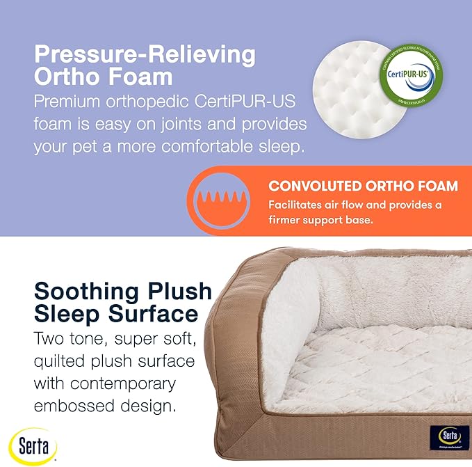 Serta Orthopedic Quilted Couch Dog Bed for Pets – Desert Sand (X-Large)