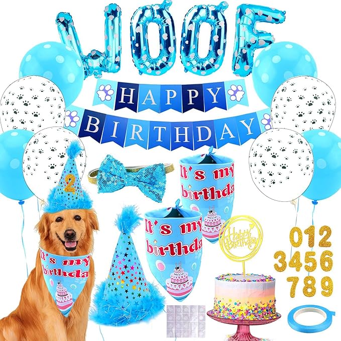 Dog Birthday Party Supplies, Adjustable Dog Bandana Set with Hat, Banner, Balloons and Bow Tie for Party Decorations Festive Accessories Party Photos & Celebrations- Large Medium Small Pet Puppy Dogs